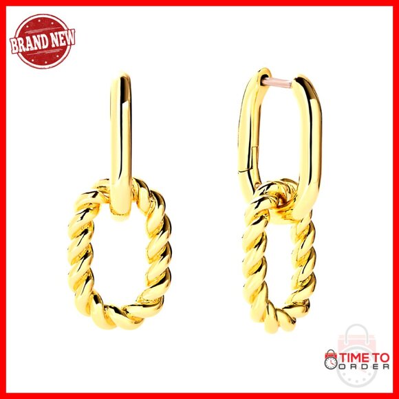 14K Gold Plated Drop Dangle Hoop Earrings Hypoallergenic & Water-Resistant